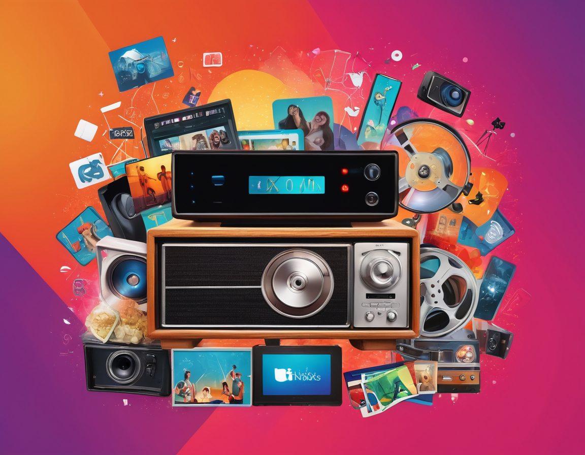 A vibrant collage showcasing various facets of the adult entertainment industry, including a streaming box along with digital devices displaying adult content, film reels, and social media icons. Incorporate elements of a cozy, modern home environment emphasizing privacy and accessibility. Use a colorful and engaging background, blending illustrations of tech gadgets and sensual imagery. vector art. vibrant colors.