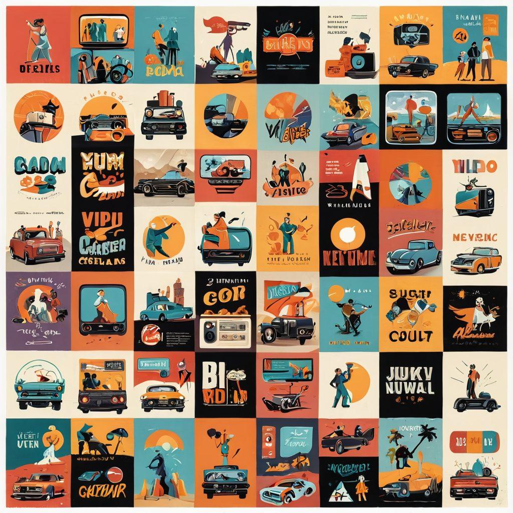 A visually engaging collage showcasing various mature video genres, with playful illustrations of streaming platforms and diverse characters. Incorporate elements like vintage movie reels, modern digital screens, and artistic representations of adult content settings. Use warm tones and bold lines to create an inviting yet adventurous atmosphere. super-realistic. vibrant colors. minimalist design.