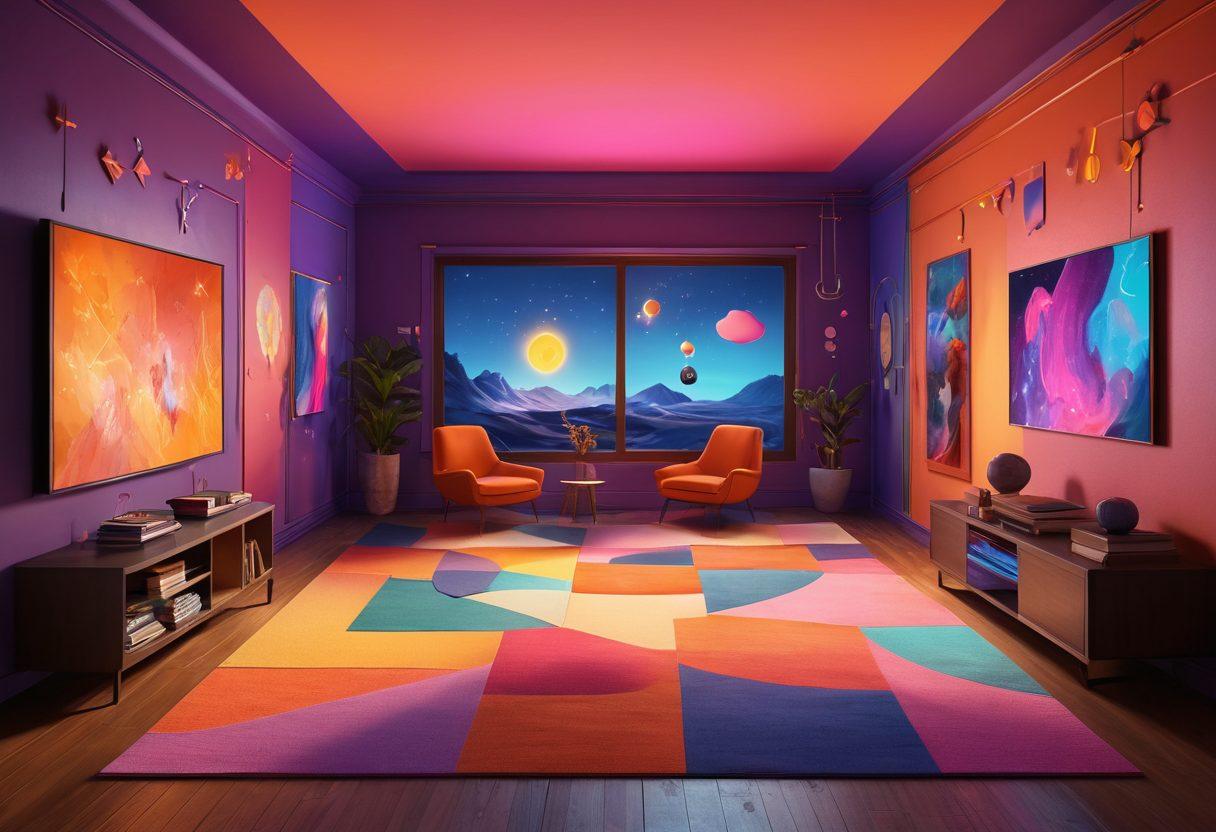 An abstract depiction of various adult content platforms represented as colorful, diverse pathways. Each path is illuminated with symbols of different genres such as romance, drama, and fantasy, featuring silhouettes of engaged viewers amidst a digital landscape. The backdrop showcases an inviting modern room with soft lighting, creating an atmosphere of comfort and exploration. Emphasize inclusivity and curiosity. vibrant colors. 3D. contemporary style.